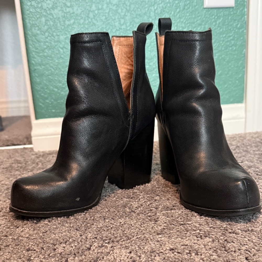 Jeffrey Campbell Black Leather High Block Heel Ankle Boots